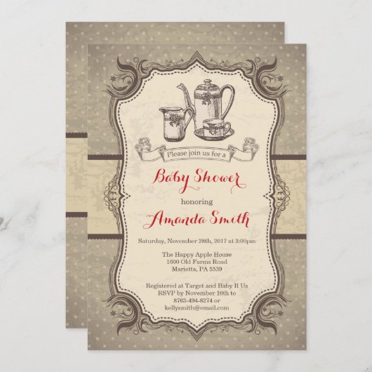 Tea Baby shower Invitation  Retro Kaart (Voorkant / Achterkant)