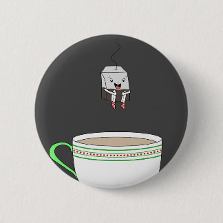 Tea bag die in een kopje thee springt ronde button 5,7 cm
