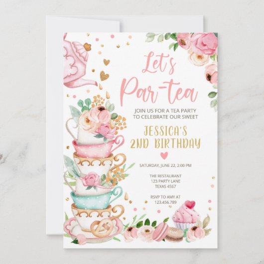 Tea Birthday Invitation Girl Party Par-tea Floral Kaart (Voorkant)