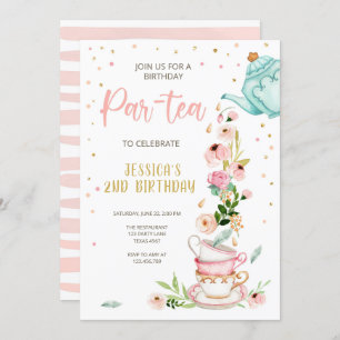 Tea Birthday Invitation Girl Party Par-tea Floral Kaart