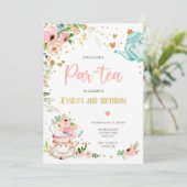 Tea Birthday Invitation Girl Party Par-tea Floral Kaart (Staand voorkant)