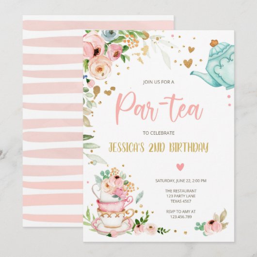Tea Birthday Invitation Girl Party Par-tea Floral Kaart (Voorkant / Achterkant)