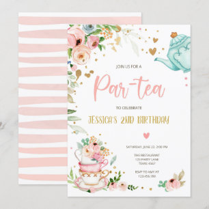 Tea Birthday Invitation Girl Party Par-tea Floral Kaart