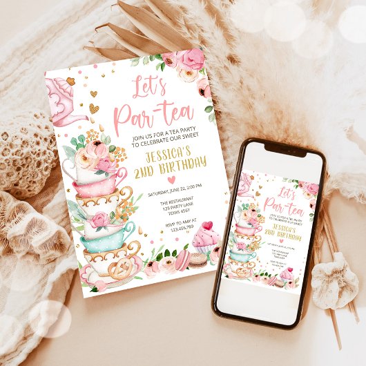 Tea Birthday Invitation Girl Party Par-tea Floral Kaart