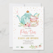 Tea Birthday Invitation Girl Party Par-tea Floral Kaart (Voorkant)