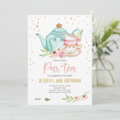 Tea Birthday Invitation Girl Party Par-tea Floral Kaart (Staand voorkant)