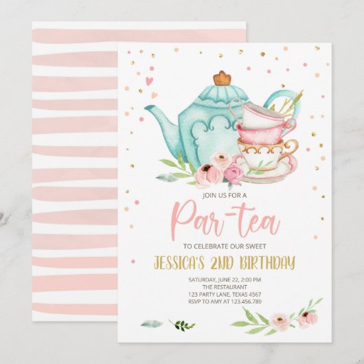 Tea Birthday Invitation Girl Party Par-tea Floral Kaart (Voorkant / Achterkant)