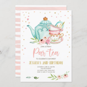 Tea Birthday Invitation Girl Party Par-tea Floral Kaart