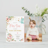 Tea Birthday Invitation Girl Party Par-tea Floral Kaart (Staand voorkant)