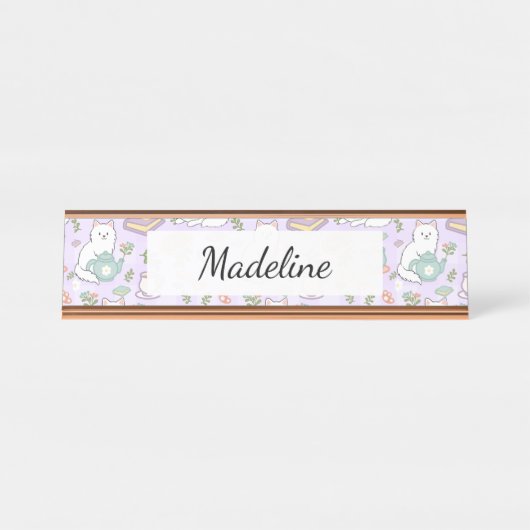 Tea & Bookish Cats Personalized Desk Name Plate Bureau Naambordje (Voorkant)
