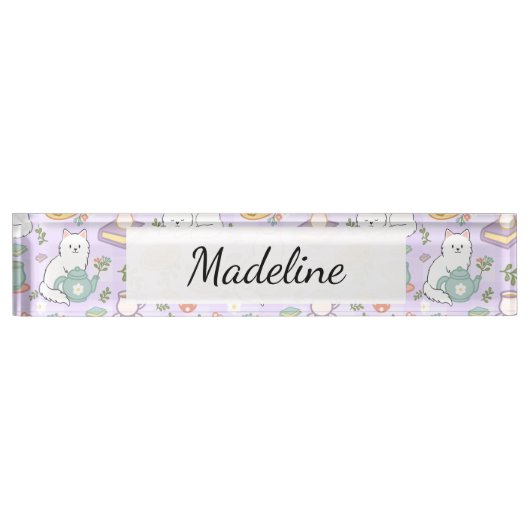 Tea & Bookish Cats Personalized Desk Nameplate Naambordje (Voorkant)