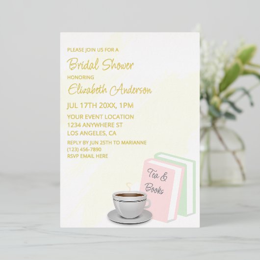 Tea & Books Bridal Shower Folie Uitnodiging (Staand Voorkant)