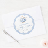 Tea Brewing Blue Script Elegant Boy Baby Shower Ronde Sticker (Envelop)