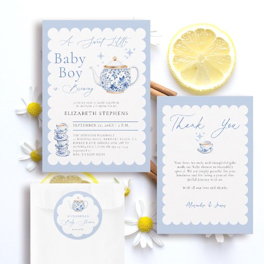 Tea Brewing Blue Script Elegant Boy Baby Shower Ronde Sticker