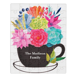 Tea Coffee Cup Red Blue Flowers Floral Puzzle Puzzel