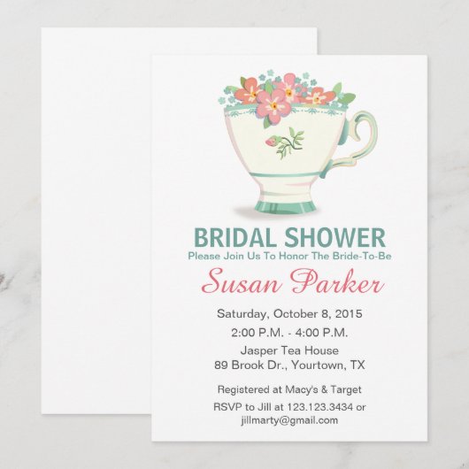 Tea Cup Bridal Shower Uitnodiging (Voorkant / Achterkant)