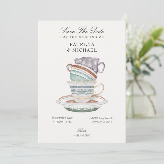Tea cup bruiloft save the date (Staand voorkant)
