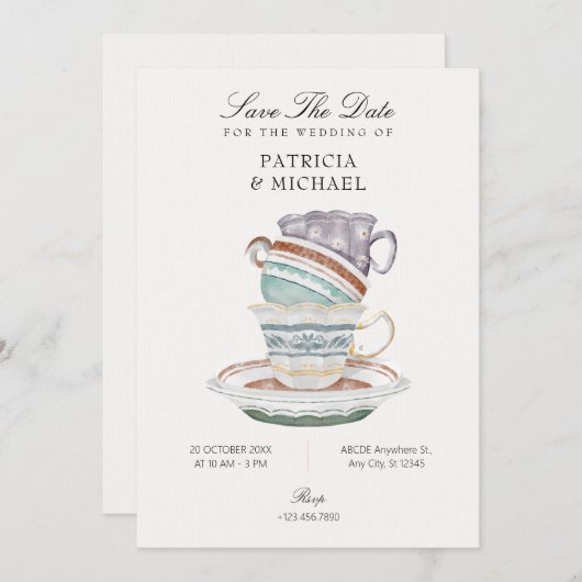 Tea cup bruiloft save the date (Voorkant / Achterkant)