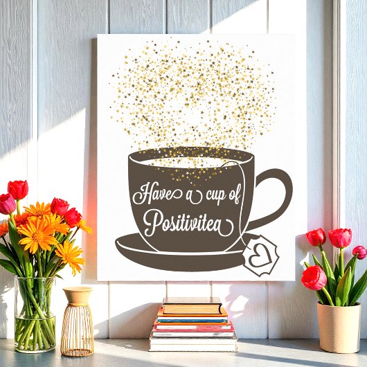 Tea Cup Bruin Geel Geel Goud Inspirerend Citaat Poster