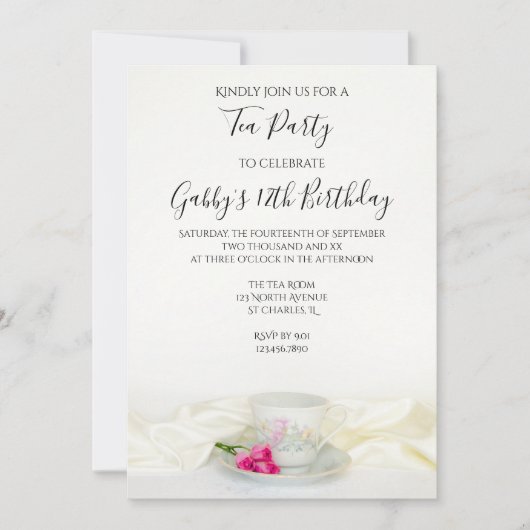 Tea Cup en Roses Birthday Party Kaart (Voorkant)