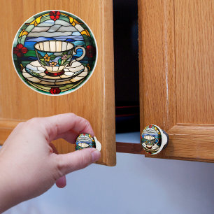 Tea Cup en schotel Faux Glas in lood Keramische Knop