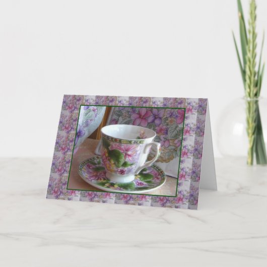 Tea Cup en Violet Bouquet Tea Gezellig Wenskaart Kaart (Voorkant)