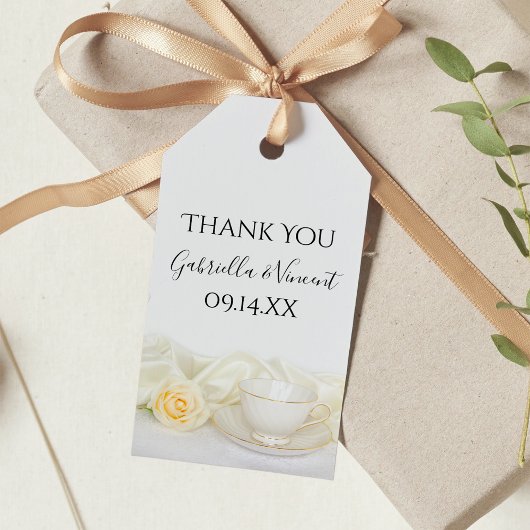 Tea Cup en White Rose Flower Wedding Favor Labels Cadeaulabel