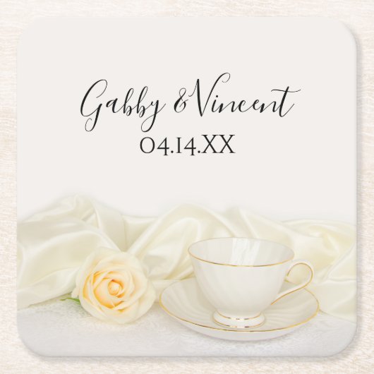 Tea Cup en White Rose Wedding Kartonnen Onderzetters (Voorkant)