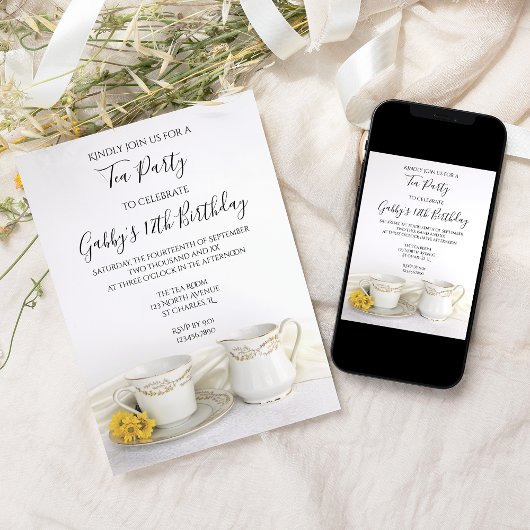 Tea Cup en Yellow Daisies Birthday Tea Party Kaart