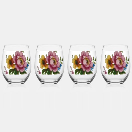 Tea Cup Floral Bouquet Wijnglas Zonder Voet (Voorkant)