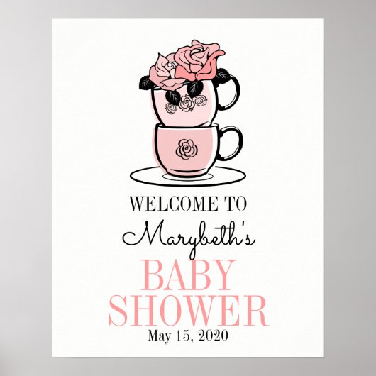 Tea Cup & Flowers Baby shower Welkomstteken Poster (Voorkant)