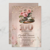 Tea Cup Flowers Glitter Roos Gold 100th Kaart (Voorkant / Achterkant)