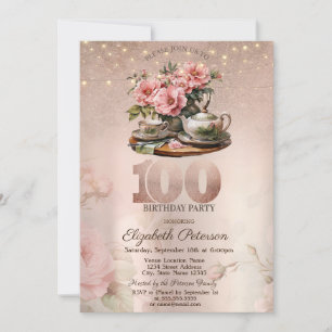 Tea Cup Flowers Glitter Roos Gold 100th Kaart