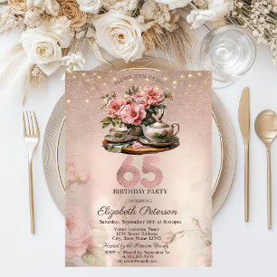 Tea Cup Flowers Glitter Roos Gold 65th Kaart