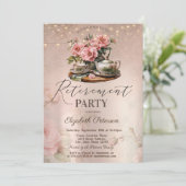 Tea Cup Flowers Glitter Roos Gold Retirement Party Kaart (Staand voorkant)