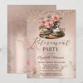 Tea Cup Flowers Glitter Roos Gold Retirement Party Kaart (Voorkant / Achterkant)