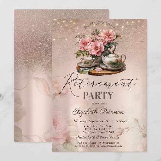Tea Cup Flowers Glitter Roos Gold Retirement Party Kaart (Voorkant / Achterkant)