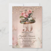 Tea Cup Flowers Glitter Roos Goud 50e Verjaardag Kaart (Voorkant)