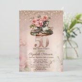 Tea Cup Flowers Glitter Roos Goud 50e Verjaardag Kaart (Staand voorkant)