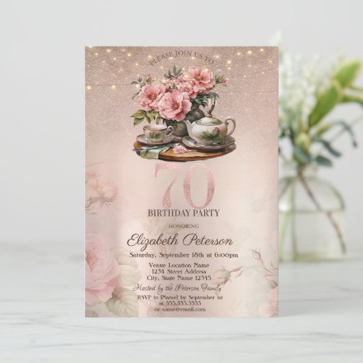 Tea Cup Flowers Glitter Roos Goud 70e Verjaardag Kaart (Staand voorkant)