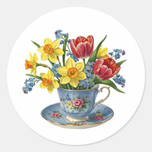 Tea Cup met voorjaarsbloemen Ronde Sticker