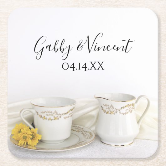 Tea Cup met Yellow Daisies Wedding Kartonnen Onderzetters (Voorkant)