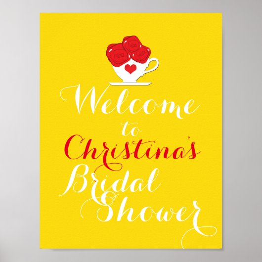 Tea Cup Red Roses Yellow Party Welcome Table Sign Poster (Voorkant)