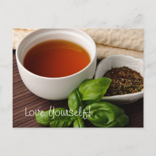 Tea Cup Tea Leaves Herbs Tea Towel op Bamboe Mat Briefkaart