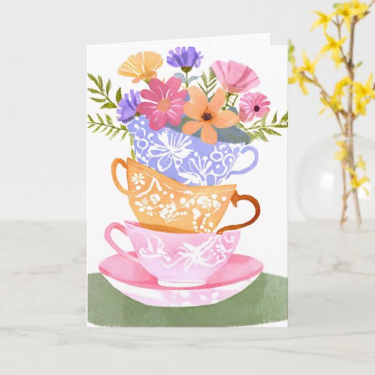 TEA CUP VERJAARDAG KAART (Gele Bloem)
