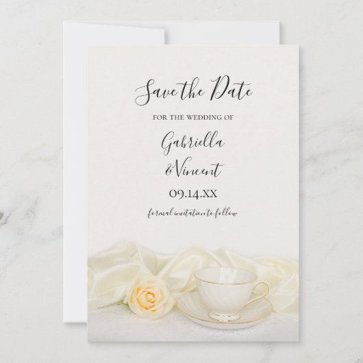 Tea Cup White Rose Weddenschap Save the Date (Voorkant)