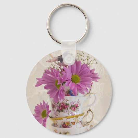 Tea Cups en Daisies Sleutelhanger (Voorkant)