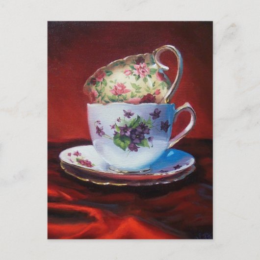 Tea Cups en Red Satin Briefkaart (Voorkant)