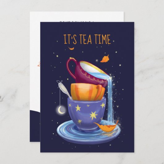 Tea cups Herfst Whimsical Tea Party Invitation Kaart (Voorkant / Achterkant)