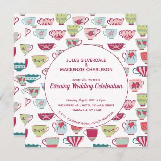 Tea Cups Modern  Evening Wedding Kaart (Voorkant / Achterkant)